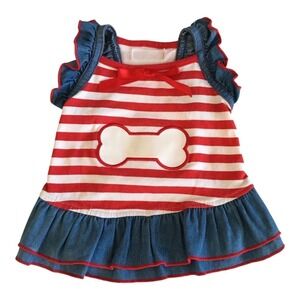 SimplyDog Striped Bone Denim Dog Dress Red White Size S